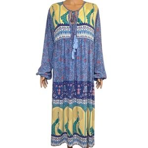 R. Vivimos Midi Length Blue Peacock Dress Women's Size Medium